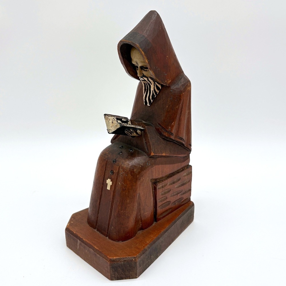Vintage Hand Carved Wood Monk Figurine Reading Book Gothic Folk Art Statue